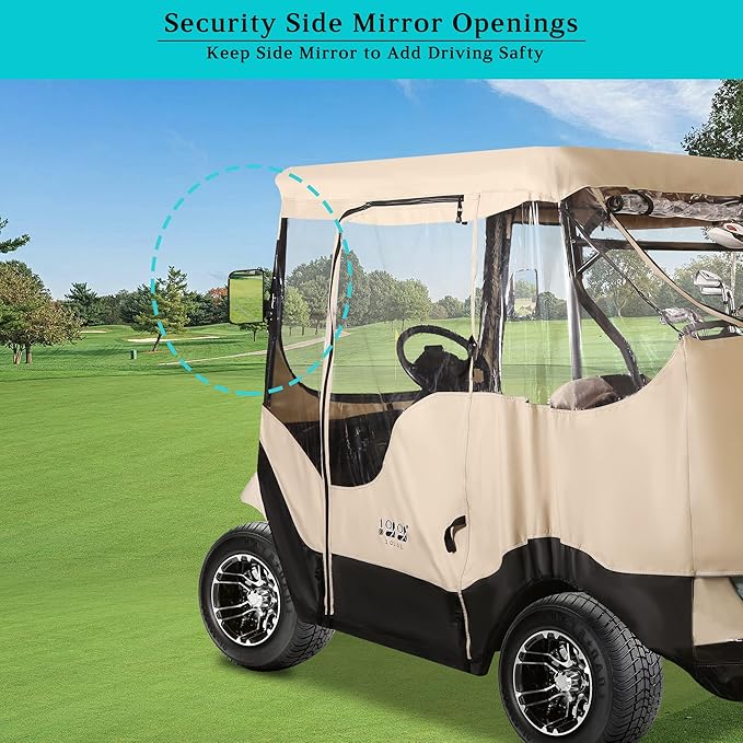 10L0L 2/4 Passenger Golf Cart Driving Enclosure for EZGO TXT/RXV Model, 4-Sided Clear Window 600D Rain Cover All Weather Windproof Waterproof - Black/Beige