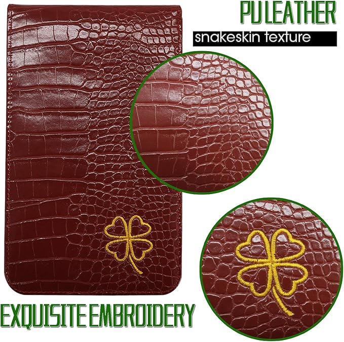 FINGER TEN Golf Scorecard Holder Leather Yardage Books Cover Lucky Clover with 2 Free Pencil Value Pack Deluxe Pocket Score Card Covers Gift for Men Women Golfer