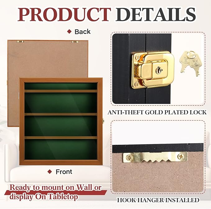 Golf Bag Tag Collection Display Case Holds 40 Bag Tags 16.54 x 15.35 x 1.77 Inch Wall Mount Wooden Shadow Box W/98% UV Acrylic Door Lockable Storage Display Box for Collection(Brown, Green)