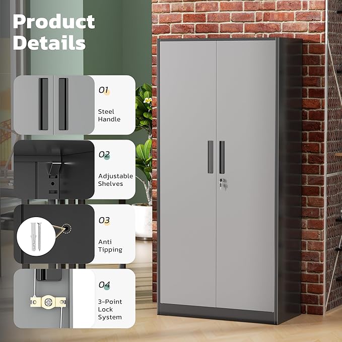 Greenvelly Metal Lockable Storage Cabinet, 72” Storage Cabinet with 2 Doors and 4 Adjustable Shelves for Office, Home, Garage, Pantry (Assembly Required, Black Grey)