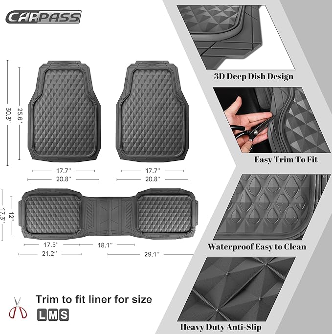 CAR PASS Heavy Duty Charcoal Gray Rubber Car Floor Mats Univeraal Fit, Deep Dish All-Weather Floor Mat for Car, Waterproof Durable Anti-Slip Trim to Fit for SUV Truck Sedan, 3 Piece Full Set Dark Gray