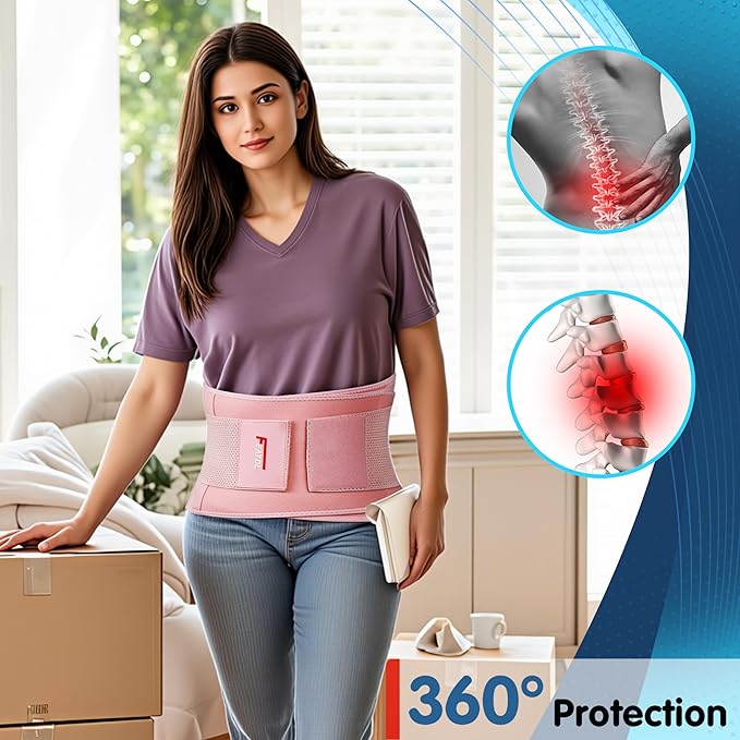 FEATOL Back Brace for Lower Back Pain, Breathable Back Support Belt for Women & Men with Lumbar Pad, Lumbar Support Belt for Heavy Lifting & Work, Pink, S/M(Circumference:24.4-30")