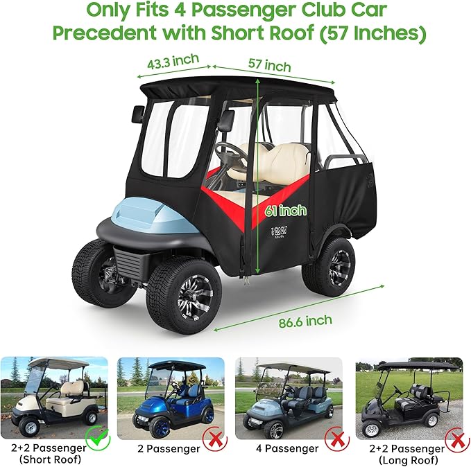 10L0L 4 Passenger Golf Cart Driving Enclosure for Club Car Precedent with Short Roof Up to 57", 4-Sided Clear Window 600D Rain Cover All Weather Windproof Waterproof - Black with Red