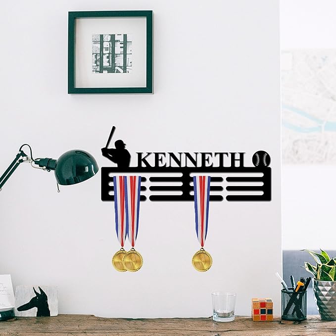 Custom Metal Baseball Achievement Holder Baseball Achievement Hanger Achievement Display Achievement Holder with Name Display Rack for Awards Ribbon Holder