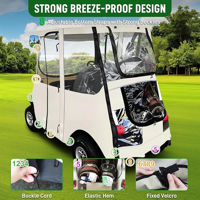 Golf Cart Deluxe Driving Enclosure 2 Passenger Fits Club Car Precedent 2004-Up, Tempo & Onward 2017-Up, Fits Short Roof 42.6" W and 59.9" L, Clear Window with Door Zippers 600D Rain Cover