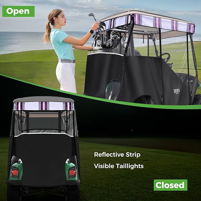 10L0L 3-Sided Track Style Golf Cart Enclosure fit 2 Passenger Yamaha G29 Drive,Waterproof 600D Oxford Cloth Yamaha Rain Cover with Aluminum Pre-Drilled Track,Clear PVC Windshield-Striped Valance