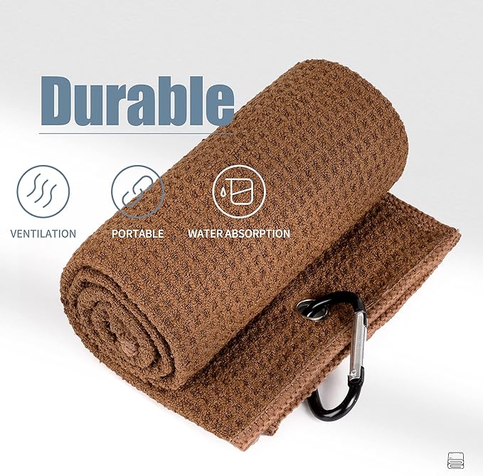 Mile High Life Tri-fold Golf Towel | 16" X 24" | Premium Microfiber Fabric | Waffle Pattern | with Heavy Duty Carabiner Clip | for Men and Women (2 Pack Brown)