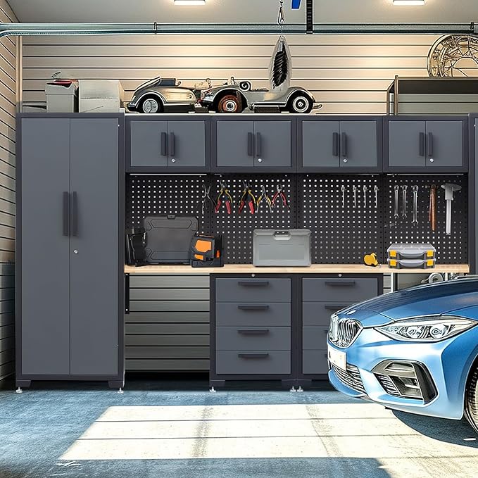 Garage Storage Cabinet System - 2×7-Pc Workshop Set w/Steel Cabinets & Workbench Includes Drawers & Pegboard | Heavy-Duty Tool Organization System for Garage/Workshop Storage