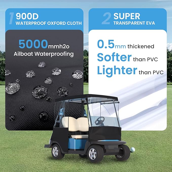 Golf Cart Cover, For 2 Seater, Driving Use, 4 Sides Rolled Up, Waterproof, Windproof, Dustproof, 600D Waterproof Oxford Cloth, Super Transparent EVA, For Club Car Precedent/Tempo/ Onward, EZGO
