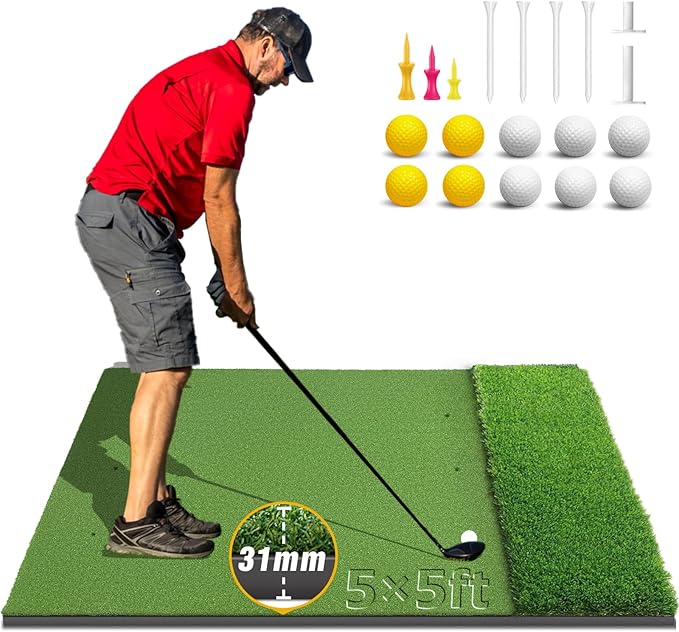 Dual-Turf Golf Mat 36mm: 5x4ft/5x5ft Extra Thick Golf Hitting Mats Practice Outdoor Indoor, High-Density Artificial Hitting Training Matt for Garage Simulator Chipping Driving Swing