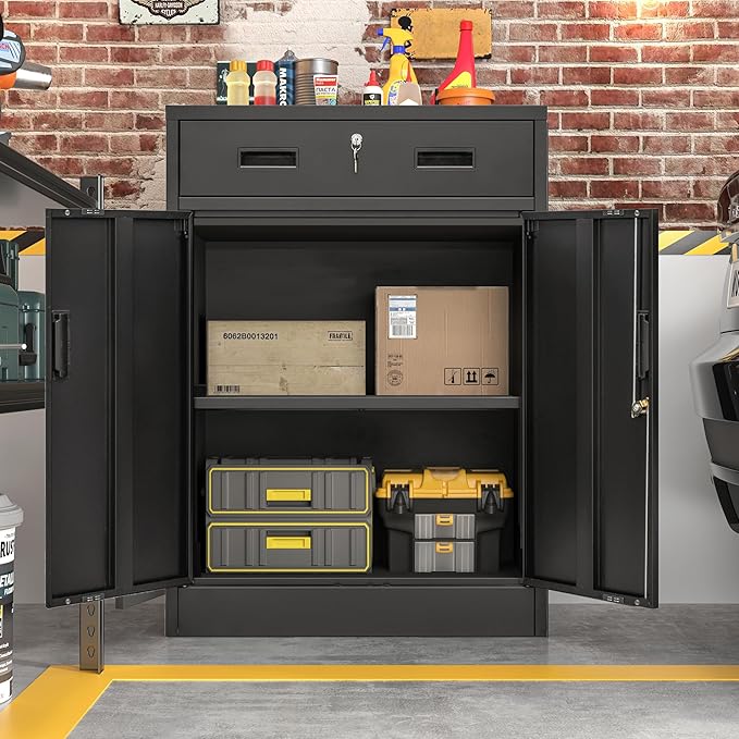CJF Metal Storage Cabinet, Locking Storage Cabinet with Doors and 1 Drawer, 36" H x 28" W x 16" D Metal Cabinets for Office/Home/Garage -Black