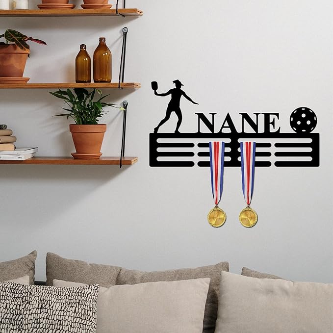 Pickleball Achievement Holder Girl Custom Pickleball Achievement Hanger with Name, 12 Rungs for Achievements & Ribbons, Pickleball Achievement Display Award Display