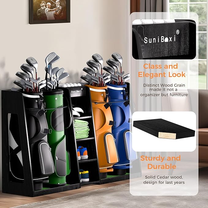 Wooden Golf Storage Organizer for Garage, Premium Golf Bag Holder Rack for Golfing Accessories, Great Gift for Golfers,Husband, Dad