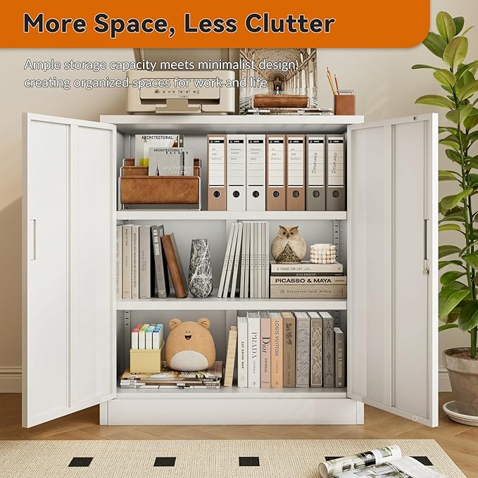 BESFUR Metal Storage Cabinet 36" H, White Locking Cabinet with 2 Lockable Doors and 2 Adjustable Shelves, Garage Storage Cabinet for Home Office, Garage, School, Apartment, Warehouse