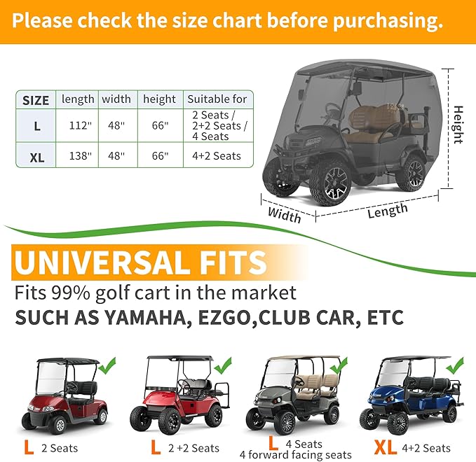 10L0L Heavy Duty 650D Golf Cart Cover for 2/4/6 Passengers EZGO, Club Car and Yamaha, All Weather Outdoor Protection Weatherproof