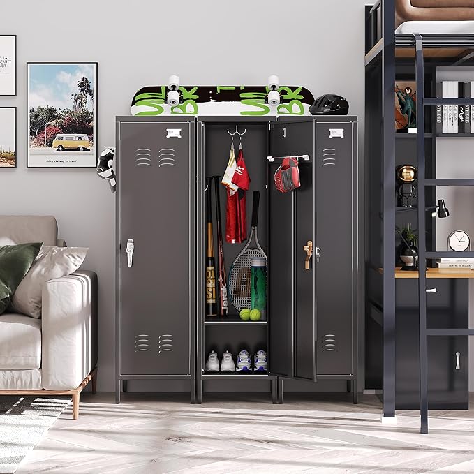 Aobabo 54" H Lockable Metal Storage Lockers with, Steel Locker Cabinet with Metal Hooks and 1 Adjustable Shelf for Home, School,Office, Assembly Required, Black