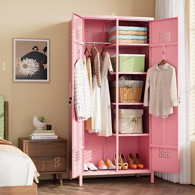 METAN 2 Door Metal Storage Lockers for Employees, Lockable Steel Storage Lockers with Hanger and Adjustable Shelves,Assembly Required,Pink