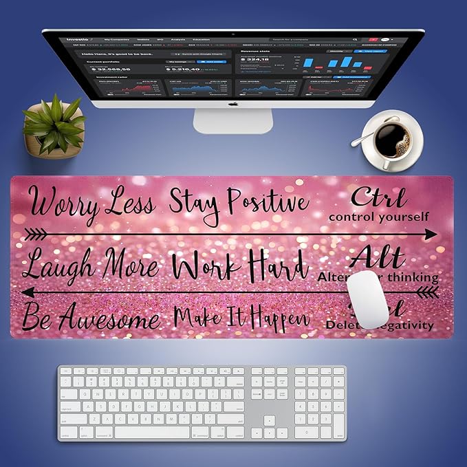 Wknoon. Extra Large Gaming & Office Mouse Pad (31.5" x 11.8") – Inspirational Quote Stay Positive Work Hard & Pink Glitter Design, Premium Anti-Slip XXL Desk Mat with Durable Stitched Edges