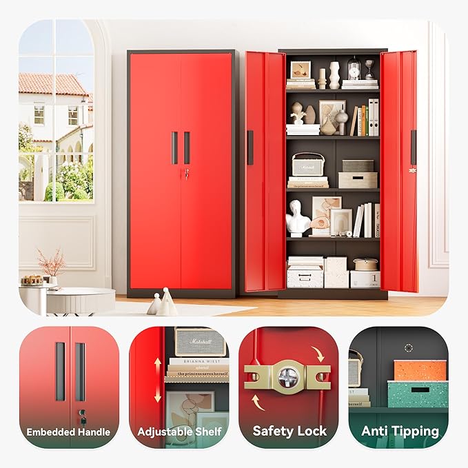 Greenvelly Metal Pantry Cabinet, 63”Tall Kitchen Pantry Storage Cabinets with 2 Lock Doors and 4 Adjustable Shelves for Home Office, Dinning Room,Garage(Black Red)