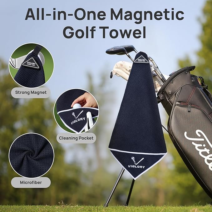 Magnetic Golf Towel for Bag 18" x 18" with Clip Exclusive Cleaning Pocket Microfiber Waffle Ultra Absorbent Club Ball Cleaner Essential Golf Accessories and Gifts for Men Women(Black 1 Pack)