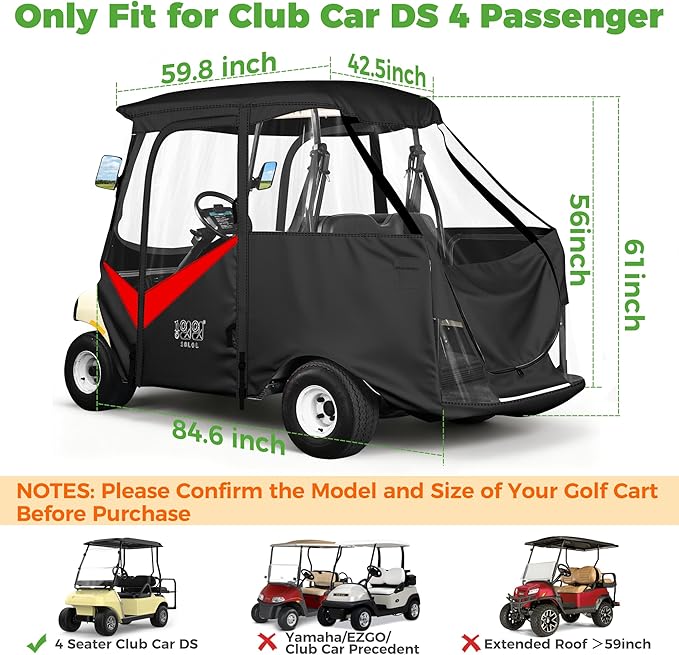 10L0L 4 Passenger Golf Cart Enclosure for Club Car DS Short Roof, 600D Waterproof Golf Cart Rain Cover, Heavy Duty Driving Enclosure, Snowproof Windproof, with Clear PVC Windows & Tail Light Panel