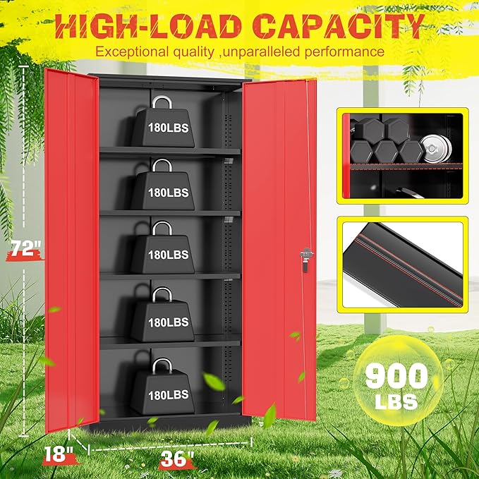 Pataku Metal Storage Cabinet, 72" Garage Cabinet with Doors and Shelves Lockable Steel Multifunctional Cabinets, File Cabinets for Home, Office, Warehouse(Black Red)