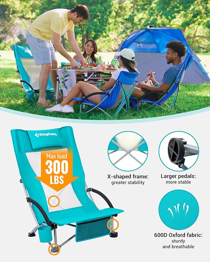 KingCamp Low Beach Chairs, Folding Portable Chair for Adults Lightweight Extra Wide Seat 300lbs Heavy Duty Oversized Backpack, Carry Bag for Camping