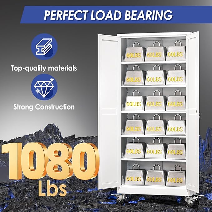 75" Tall Metal Garage Storage Cabinet with Wheels and Locking Doors and Tall Rolling Steel Tool Cabinet with 5 Adjustable Shelves for Garage,Home,Office,Shop (White)