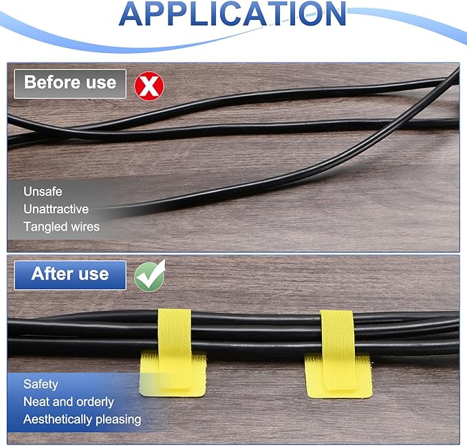 100-Pack Hook and Loop Cable Ties, 3.5 x 1.1 Inch Adjustable Self-Adhesive Cord Organizer for Desk/Home/Wall/Office Essentials, Cable Management Under Desk [Yellow]