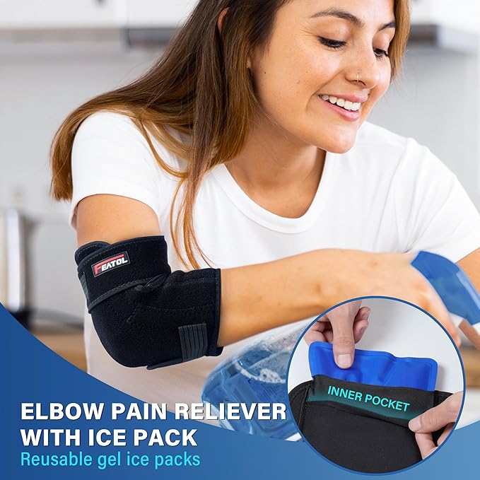 FEATOL Elbow Brace with Ice Pack for Tendonitis and Tennis Elbow-Pain Relief for Cubital Tunnel, Ulnar Nerve Entrapment, Bursitis-Reusable Ice Pack Brace for Men and Women, Medium