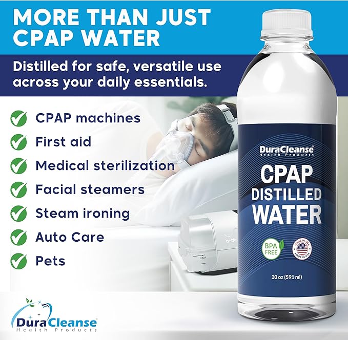 Dura Cleanse Distilled Water for CPAP Machines 6 Pack (20 oz Each) Travel Size Bottles for Resmed, Respironics Machines, Personal Humidifier - Made in USA, BPA-Free, Clean, Multi-Use, Travel-Friendly