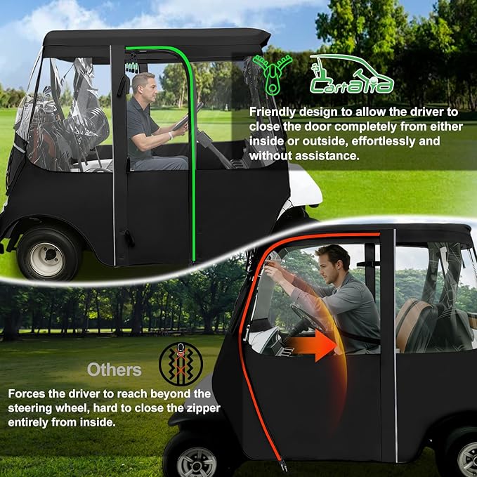 Golf Cart Deluxe Driving Enclosure 2 Passenger Fits Club Car Precedent 2004-Up, Tempo & Onward 2017-Up, Fits Short Roof 42.6" W and 59.9" L, Clear Window with Door Zippers 600D Rain Cover