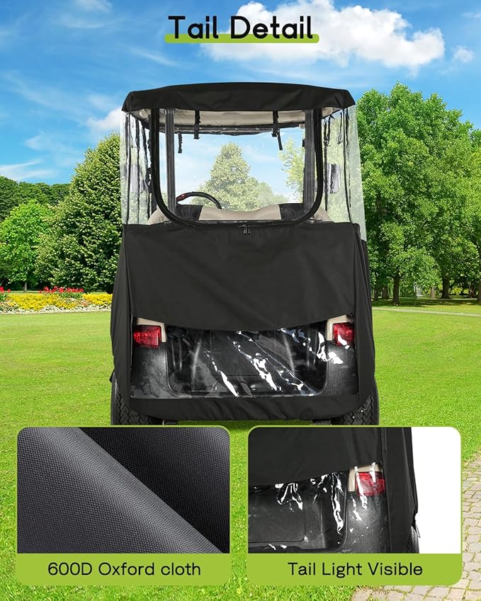 Golf Cart Enclosure 2 Passenger for Club Car Precedent Tempo Onward 2-Person Seaters 600D Waterproof Transparent Driving Rain Cover with 4-Sided Clear Windows Mirror Zipper Roll-Up Door Black