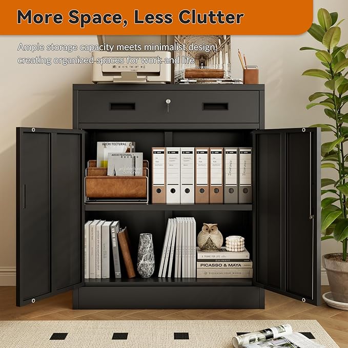 BESFUR 36" H Metal Cabinet with Lockable Drawer and 2 Lockable Doors, Black Locking Cabinet with Adjustable Shelf, Lockable Storage Cabinet for Home Office, Garage,School, Warehouse, Utility Room