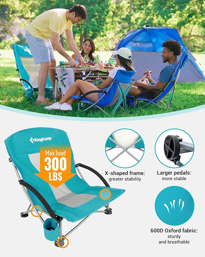 KingCamp Low Beach Chairs, Folding Portable Chair for Adults Lightweight Extra Wide Seat 300lbs Heavy Duty Oversized Backpack, Carry Bag for Camping