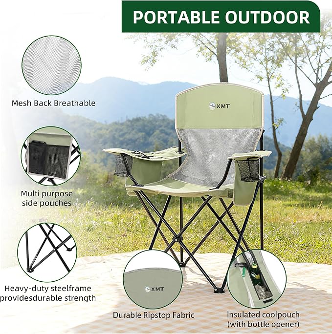 Portable Outdoor Folding Chair with Cup Holder & Cooler Bag - Breathable Mesh, Wide Armrests, Ergonomic Design for Camping, Beach, Backyard - Includes Storage Bag & Bottle Opener (Black/Green/Red)