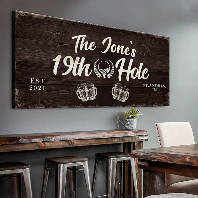 TAILORED CANVASES Golf Art Decor - Personalized Vintage Golf Wall Art Sign for Man Cave, Bedroom, Basement, Home Bar and Custom Gift for Husband, Dad, Wedding & Anniversary - 19th Hole Sign, 48"x16"