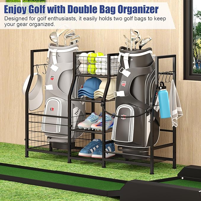 Sonyabecca Golf Bag Stand Golf Storage Organizer for Garage with Basket and Hooks, Storage Rack for 2 Golf Bag, Golf Gift for Men Sports Equipment Organizer, Two Assembly Methods