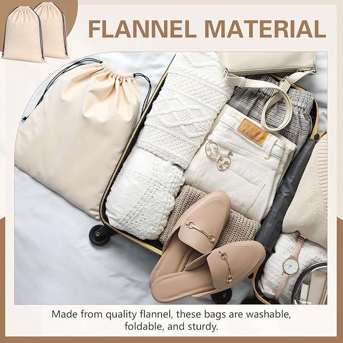 Amylove 2 Pcs Silky Velvet Shoe Bags for Travel Cloth Dust Pouch with Drawstring Closure Beige Shoe Pouch Storage Packing Organizers