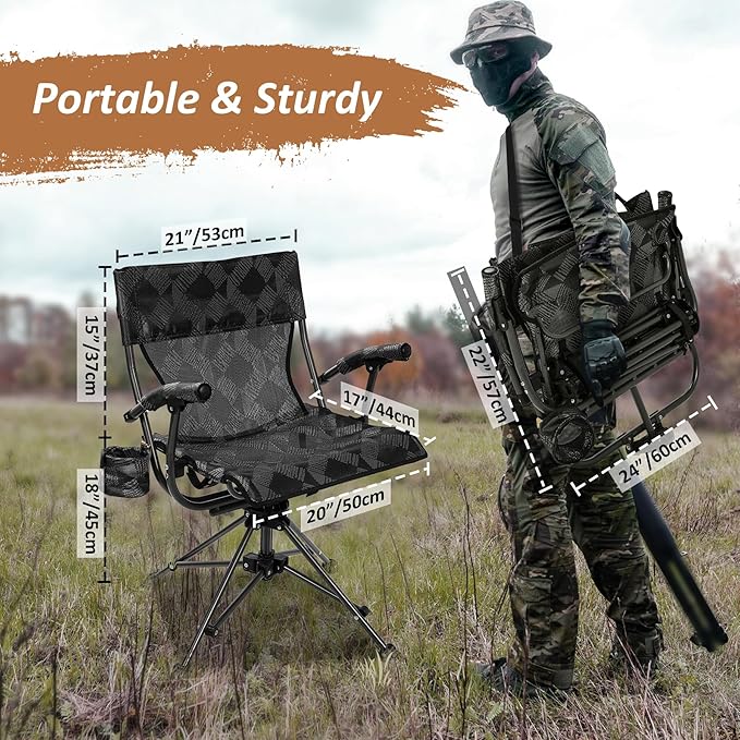 REDCAMP 360° Swivel Hunting Chairs for Ground Blinds, Portable Folding Camping Chairs for Adults Hunting Seats with Hard Arms for Fishing Camping, Black