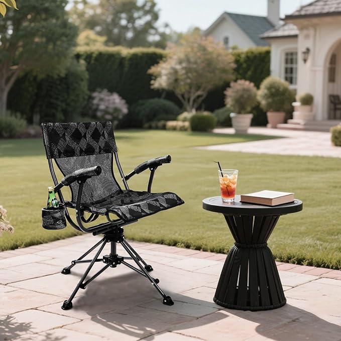 REDCAMP 360° Swivel Hunting Chairs for Ground Blinds, Portable Folding Camping Chairs for Adults Hunting Seats with Hard Arms for Fishing Camping, Black