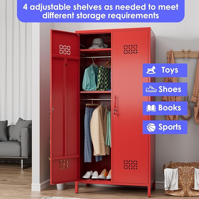 METAN 2 Door Metal Storage Lockers for Employees, Lockable Steel Storage Lockers with Hanger and Adjustable Shelves,Assembly Required,Red
