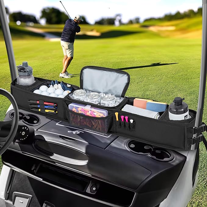 Golf Cart Storage Tray, No-Drilling Front Storage Basket Compatible with EZGO, Club Car, Kandi Golf Carts, Organizer with Cooling Compartment (Patent Design)