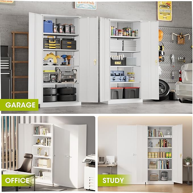 Greenvelly Metal Lockable Storage Cabinet, 72” Storage Cabinet with 2 Doors and 4 Adjustable Shelves for Office, Home, Garage, Pantry (Assembly Required, White)