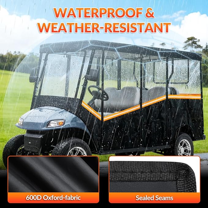 Golf Cart Enclosure for 6 Passenger, 600D Waterproof Golf Cart Rain Cover with Clear PVC Windshields, Compatible with Club Car & EZGO, Fits Extended Roof, Roll-Up Doors & Windproof Straps