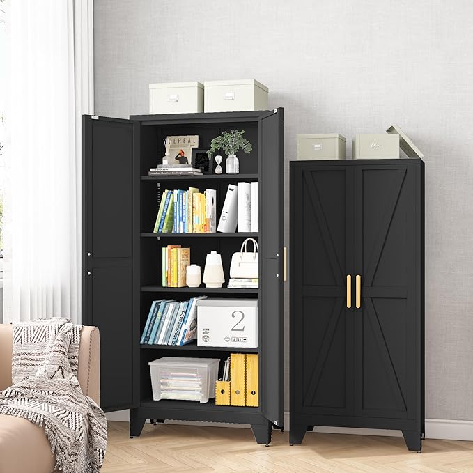 61H Metal Storage Cabinet with 2 Doors and Adjustable Shelves,Farmhouse Storage Cabinet with Barn Doors,Pantry Storage for Home,Office,Bathroom,Dining Room,Kitchen(Black)