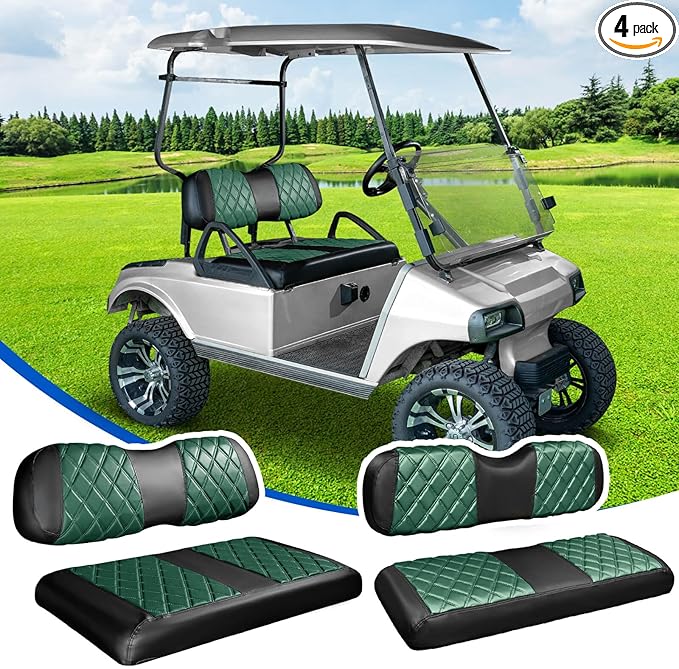 NOKINS 4PCS Golf Cart Diamond Seat Covers Kit, Front and Rear Seat Covers Fits Club Car DS 2000.5-Up Standard Seat Cushion, Club Car DS Vinyl Seat Covers Accessories (Dark Green and Black)