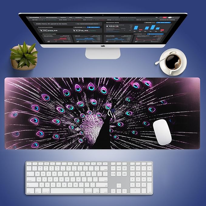 Extended XXL Gaming Mouse Pad with Stitched Edges 31.5 x 11.8 Inches - Gorgeous Purple Black Peacock, Smooth Cloth Surface Natural Anti-Slip Rubber Base Large Desk Mat for PC Office/Home