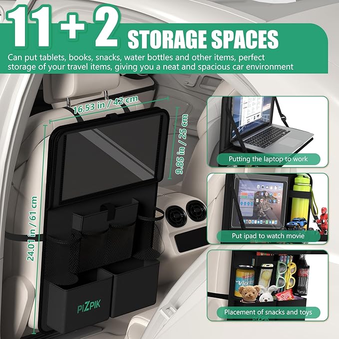 Car Backseat Organizer with Tablet Holder,11 Storage Pockets with Foldable Food Tray, Protector Kick Mats for Kids, Travel Accessories Organizer (Black, 2Pack with Food Tray)