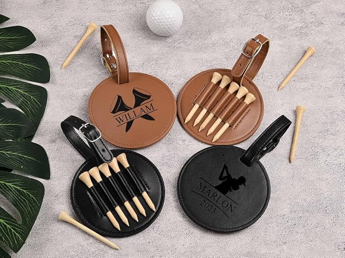 CFuniq® Engraved Leather Golf Bag Tag Gift with Golf Tees, Personalized Golf Tee Holder, Custom Golf Accessories, Groomsmen Gifts, Golf Gift for Men Women